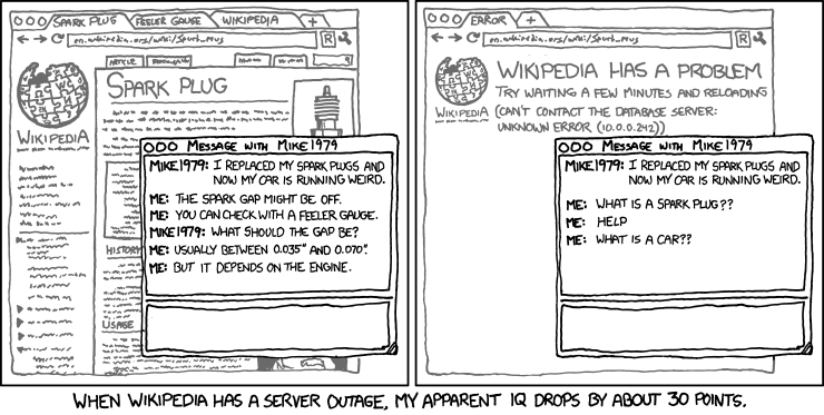 위키피디아 서버 장애 시 사용자의 인지 능력 저하를 유머러스하게 표현한 xkcd 만화. AI 의존 시 발생할 수 있는 인지적 의존성을 암시한다.