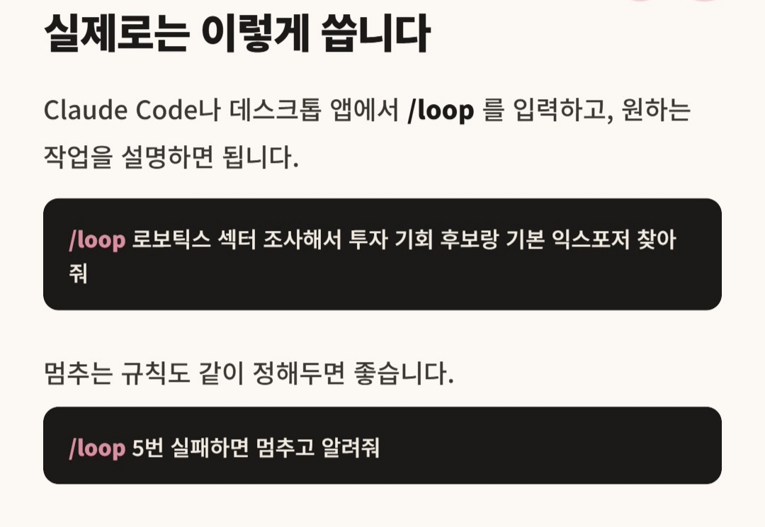 Claude Code에서 슬래시 loop 명령을 사용하는 예시 화면