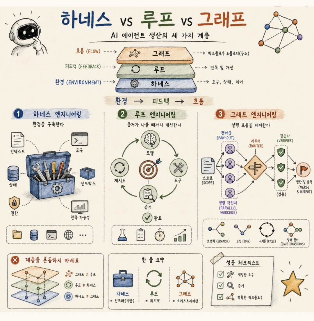 하네스, 루프, 그래프 - AI 에이전트 생산의 세 가지 계층을 정리한 인포그래픽