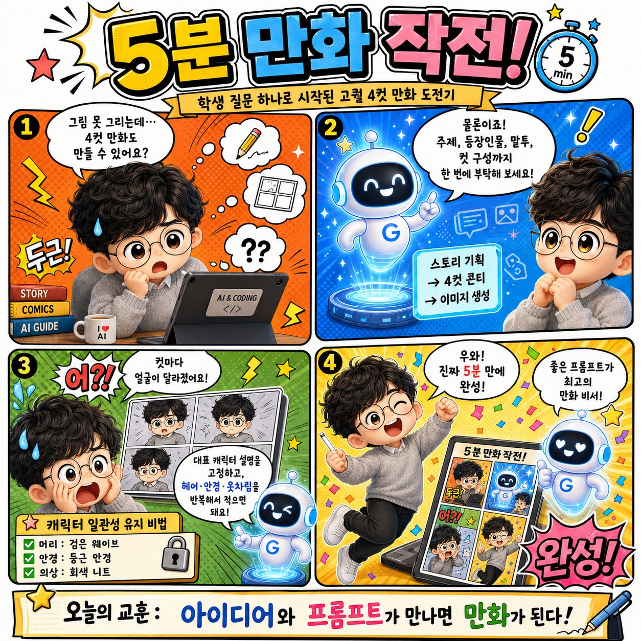 AI로 학생 질문에서 시작해 4컷 만화를 완성하는 과정을 담은 5분 만화 작전 네컷만화