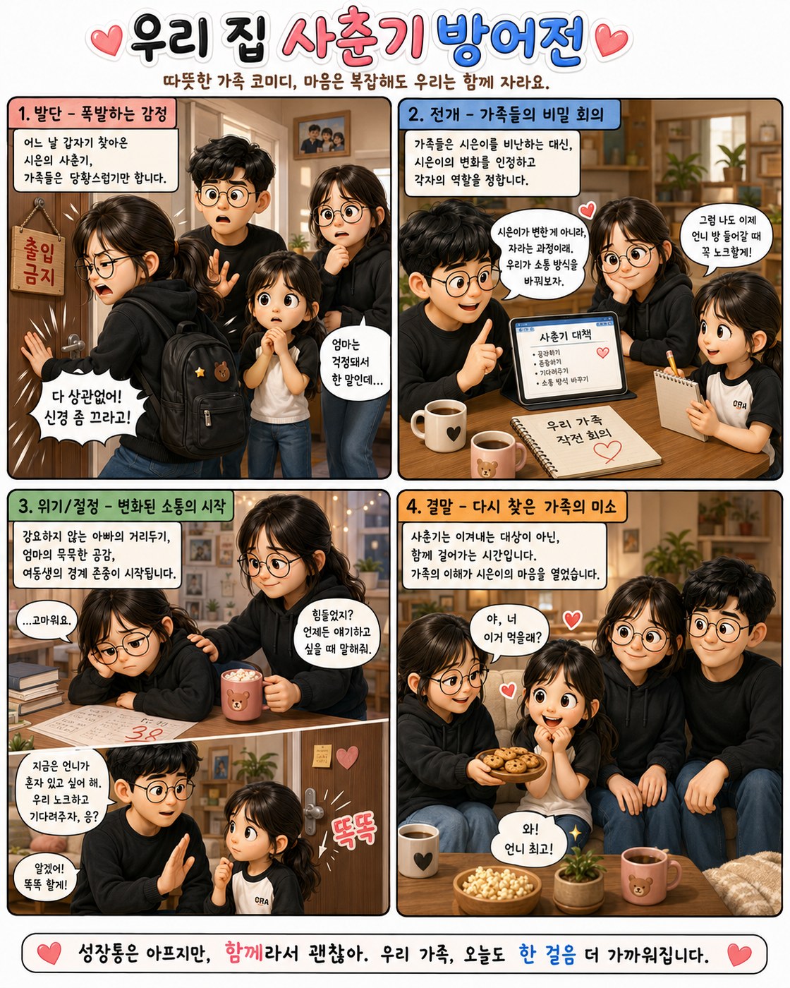 사춘기 갈등을 발단, 전개, 위기, 결말 네 컷으로 풀어낸 우리 집 사춘기 방어전 만화
