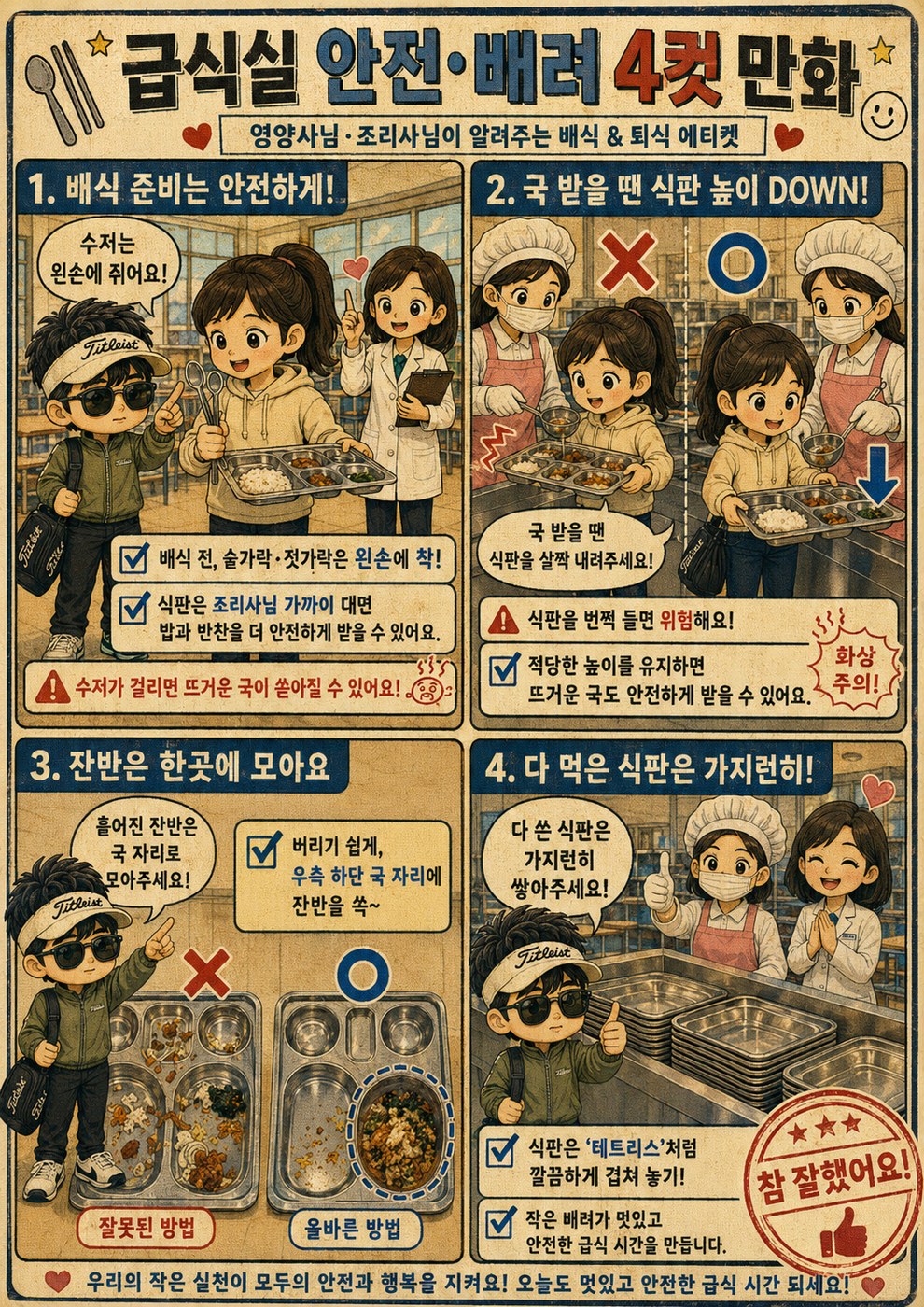 배식 준비, 식판 높이, 잔반 모으기, 식판 정리를 올바른 방법과 잘못된 방법으로 대비한 급식실 안전 배려 네컷만화