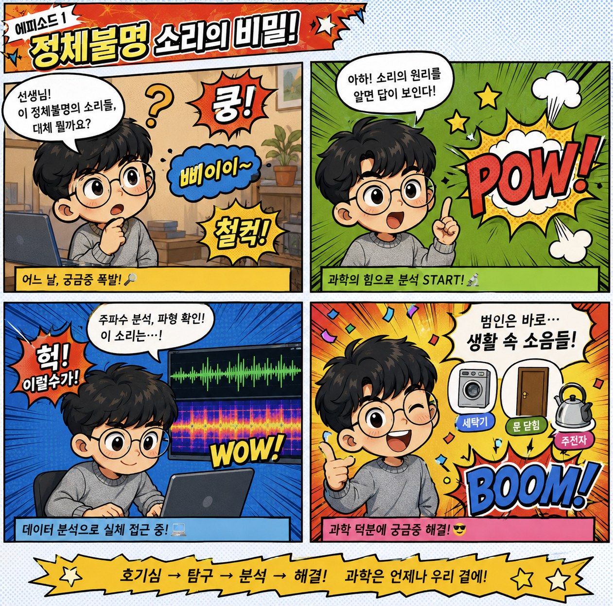 정체불명의 소리 원인을 호기심에서 분석, 해결까지 추적하는 과학 탐구 네컷만화
