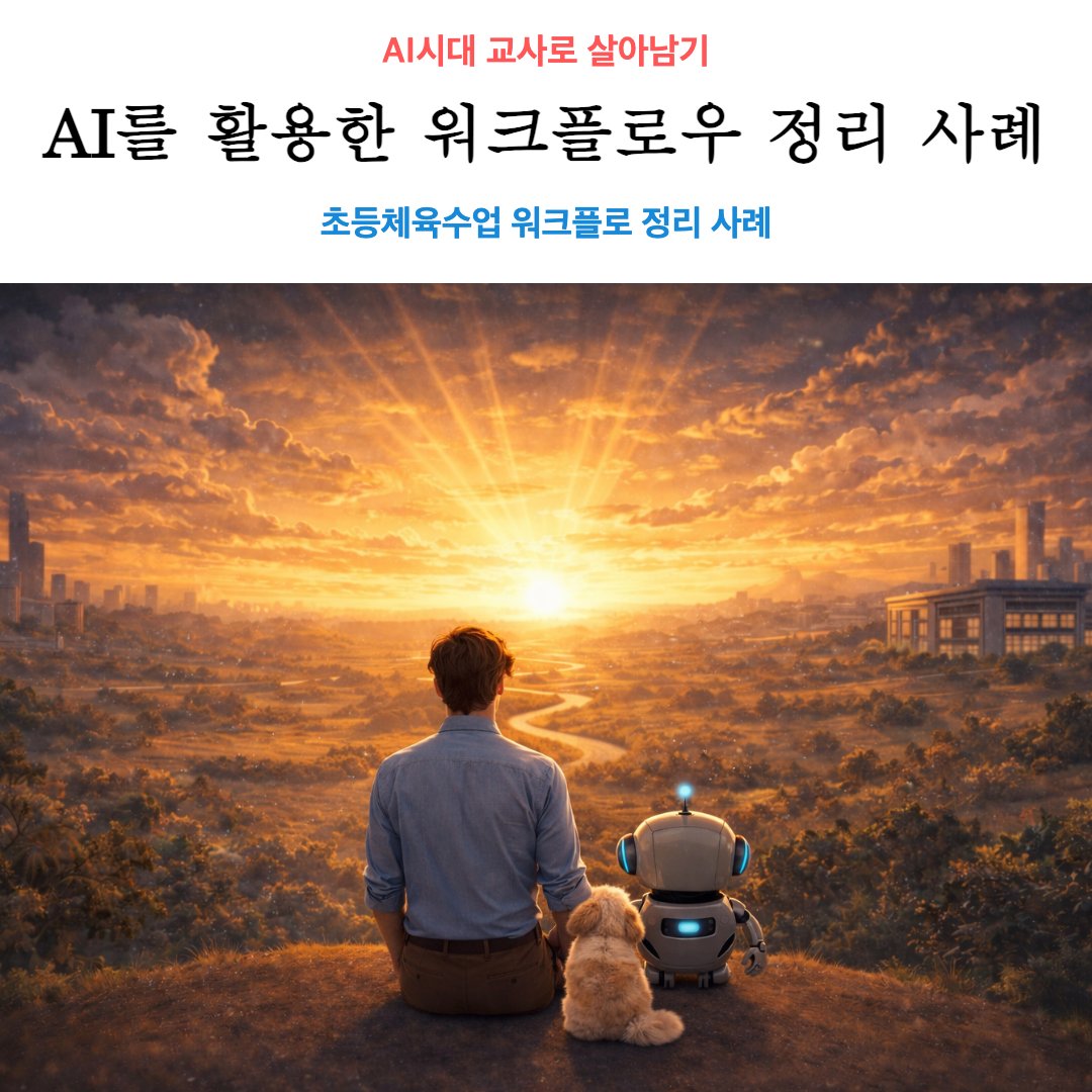 'AI시대 교사로 살아남기' 시리즈 표지. 'AI를 활용한 워크플로우 정리 사례' 제목 아래 노을 진 들판을 바라보는 사람과 강아지, 작은 로봇