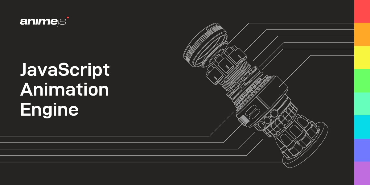 Anime.js 공식 사이트 대표 이미지, JavaScript Animation Engine 문구와 기계 부품 선화
