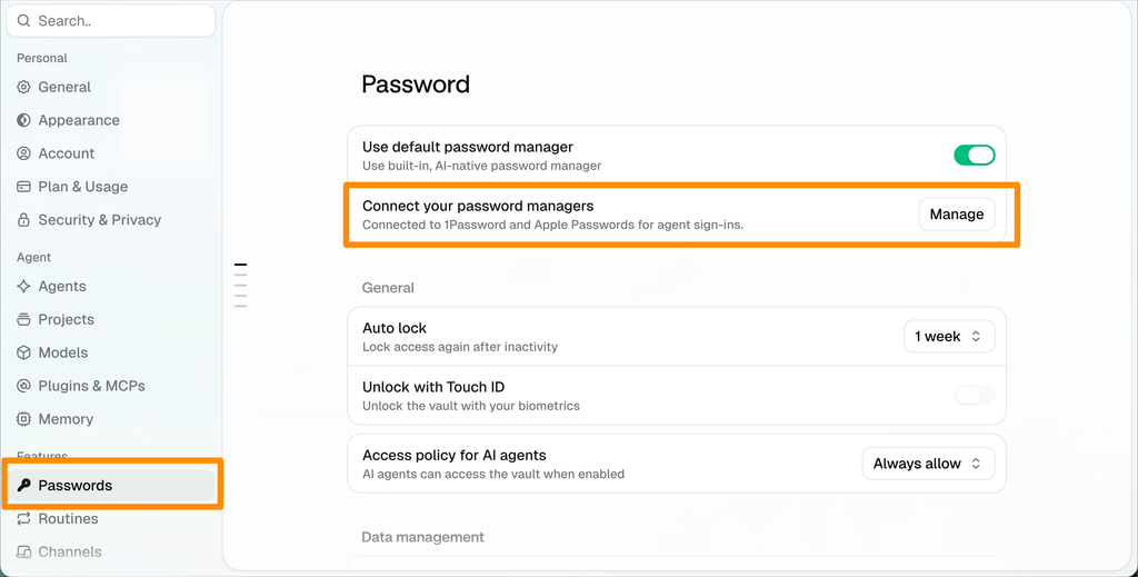 Aside 설정의 Passwords 화면과 AI 에이전트 접근 정책 메뉴