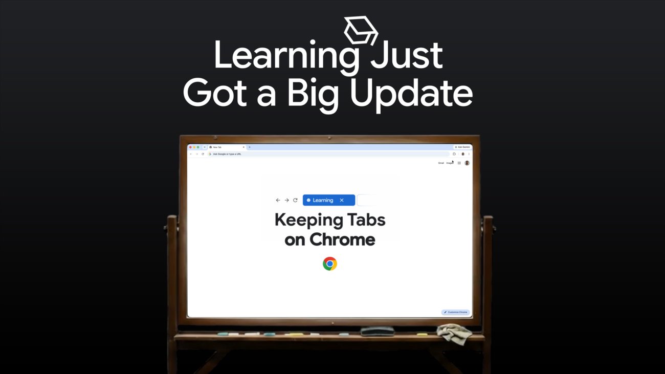 칠판 모양 화면 속 크롬 브라우저와 Learning Just Got a Big Update 문구