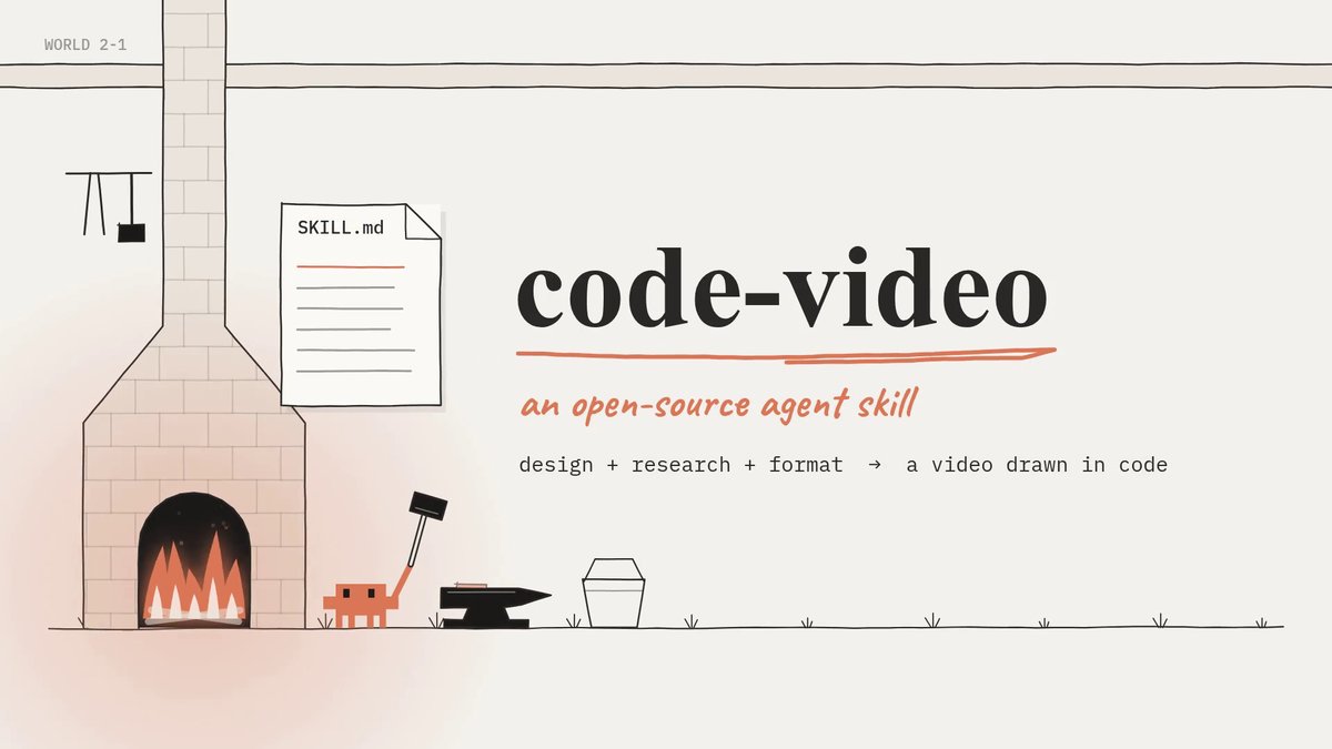 code-video 소개 영상의 제목 장면. 손그림 대장간 화덕과 모루 옆에 SKILL.md 문서와 code-video 제목이 그려져 있다
