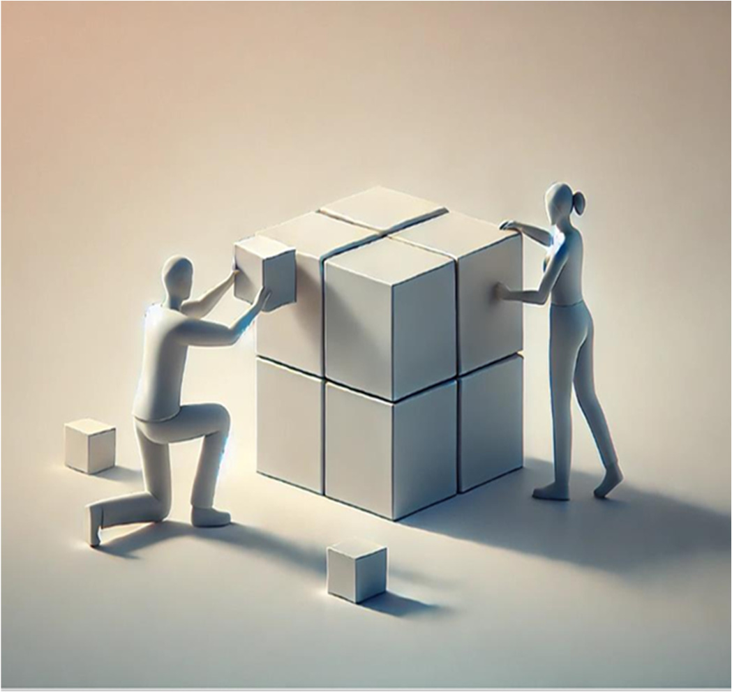 인간과 AI가 협력하여 큐브를 조립하는 그림.