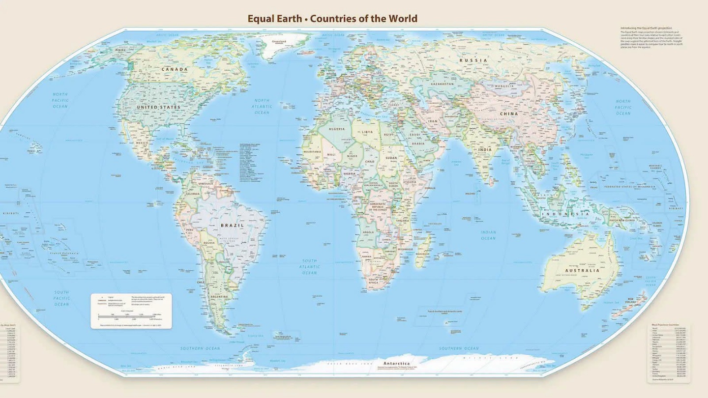 Equal Earth 도법으로 그린 세계지도 — 대륙의 실제 면적 비율을 반영한다