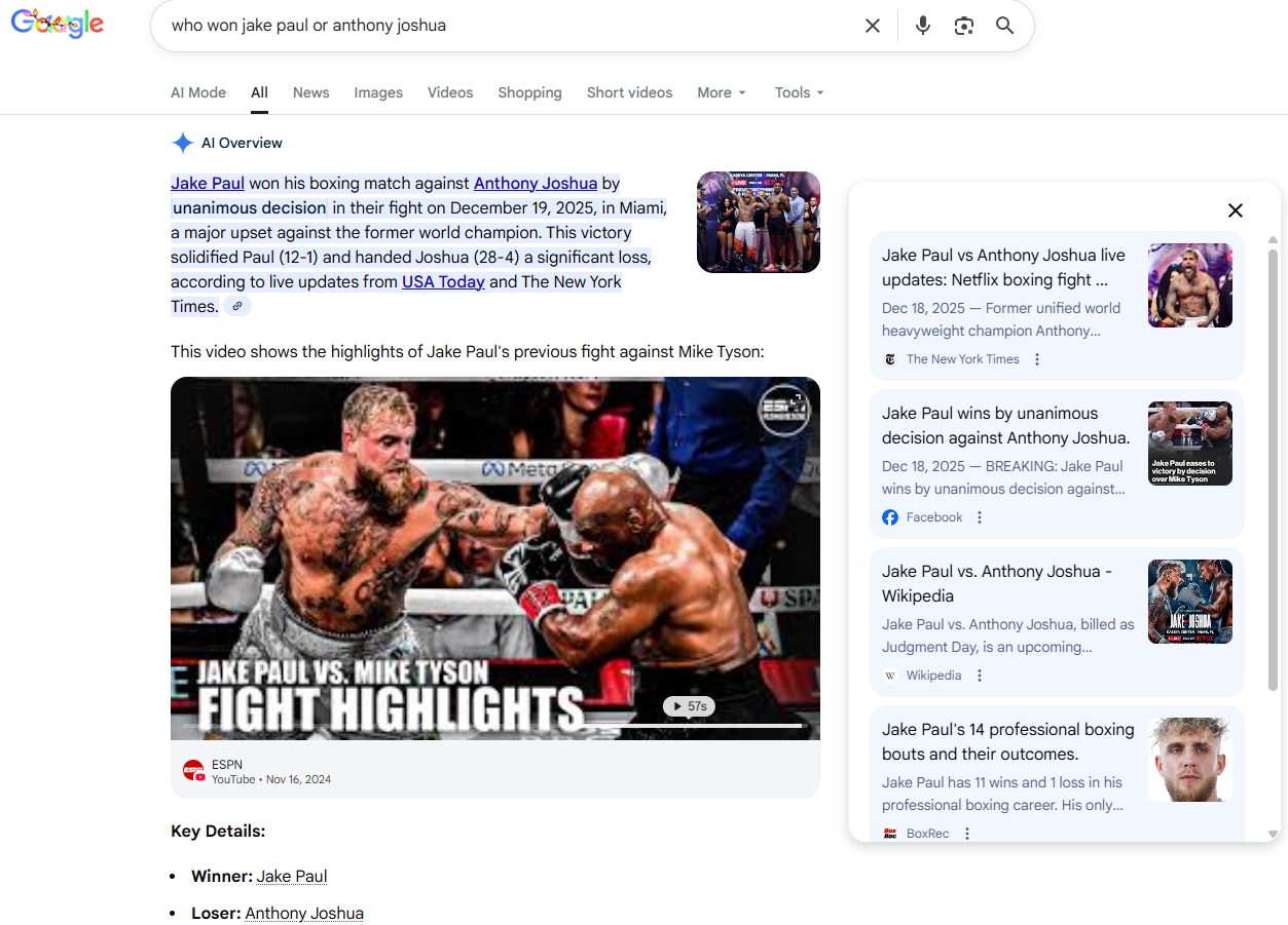 Google AI Overview의 오정보 제공 사례: '누가 제이크 폴과 앤서니 조슈아 경기에서 이겼는가?'라는 유행하는 쿼리에 대해, AI 요약이 제이크 폴이 승리했다고 잘못된 정보를 제공한다. 제시된 출처 중 하나만 이 주장을 뒷받침한다.