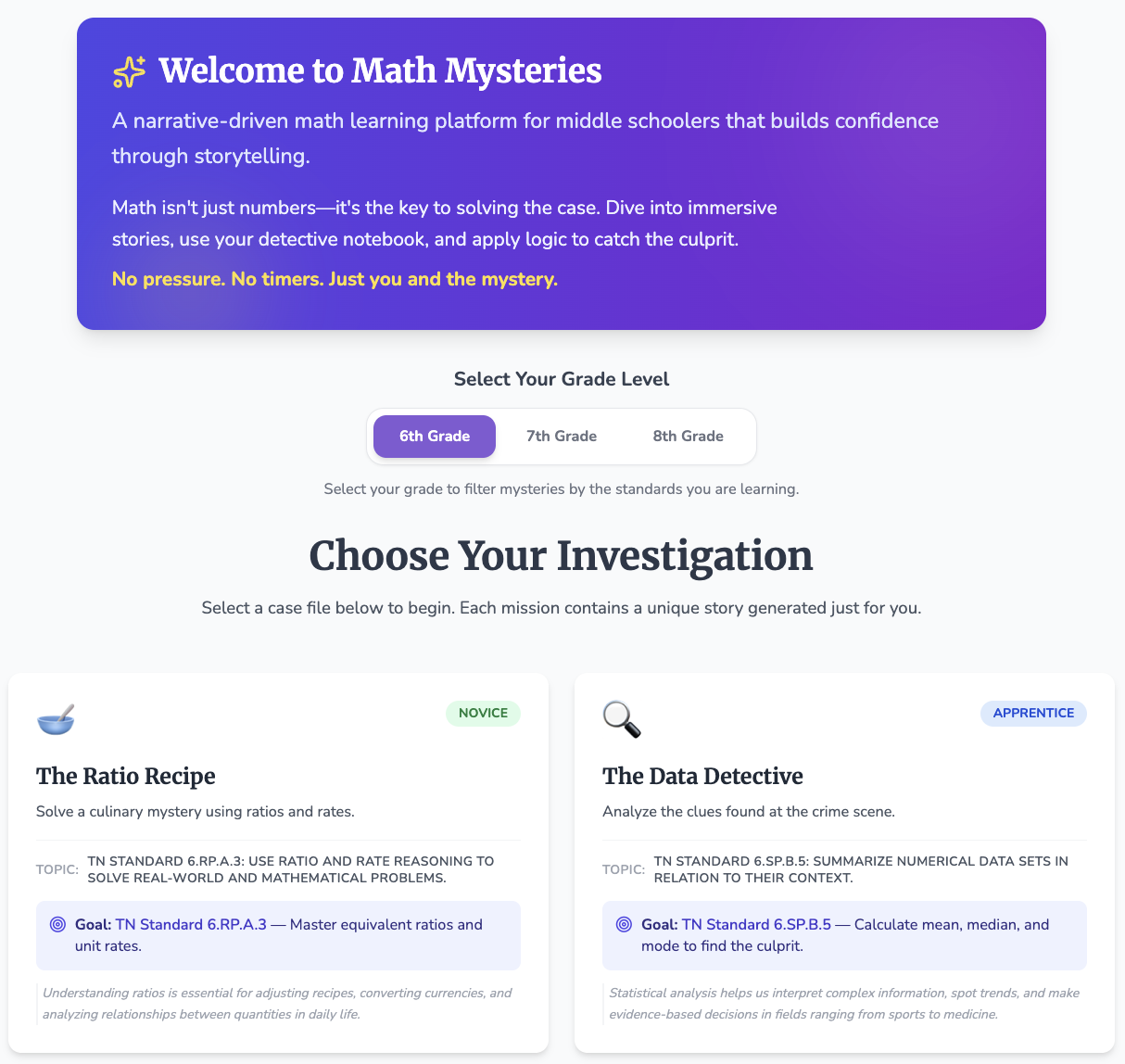 교사가 개발한 AI 기반 학습 기술 '수학 미스터리(Math Mysteries)'의 인터페이스