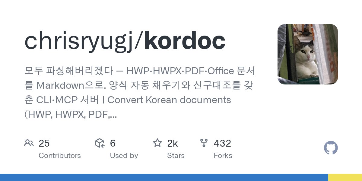 chrisryugj/kordoc 저장소의 GitHub 소개 카드. HWP·HWPX·PDF·Office 문서를 Markdown으로 바꾸는 CLI·MCP 서버라는 설명이 적혀 있다