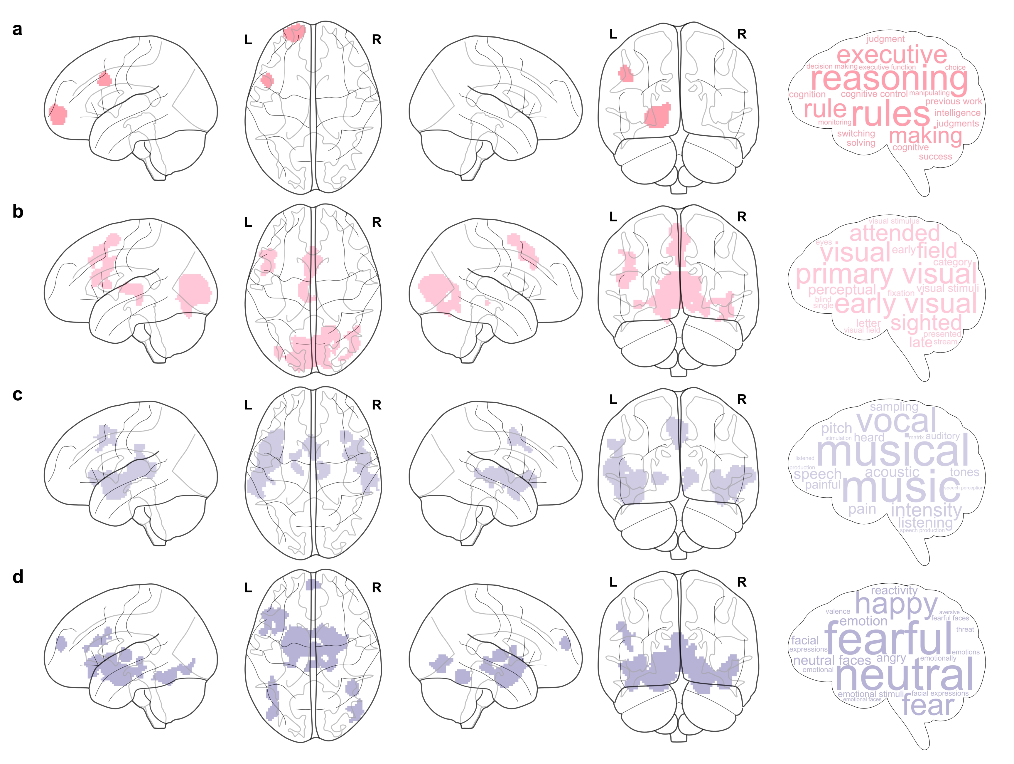 AICA 사용과 관련된 뇌 영역의 기능적 공동 활성화 네트워크와 행동 특성을 나타내는 뇌 지도와 워드 클라우드