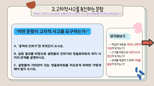 슬라이드 97 — 생각해보기 학습한 내용을 새로운 상황에 적용하게 하는가? 근거를 바탕으로 비판적…